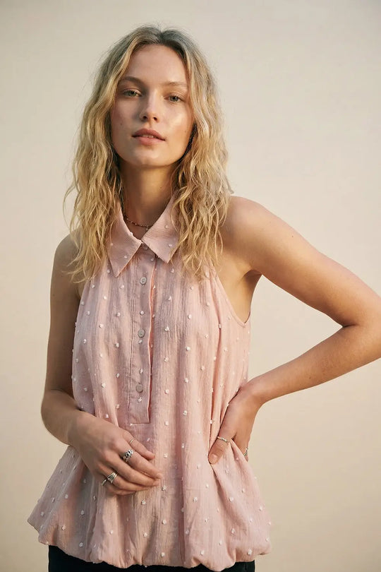 Pink Swiss Dot Sheer Sleeveless Blouse with Collar - Tops