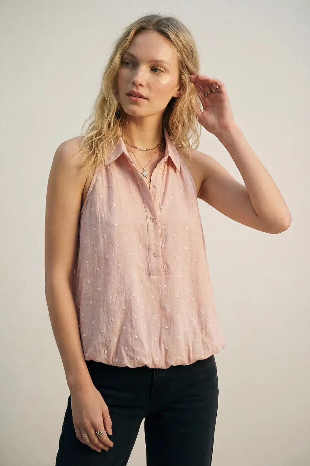 Pink Swiss Dot Sheer Sleeveless Blouse with Collar - Tops