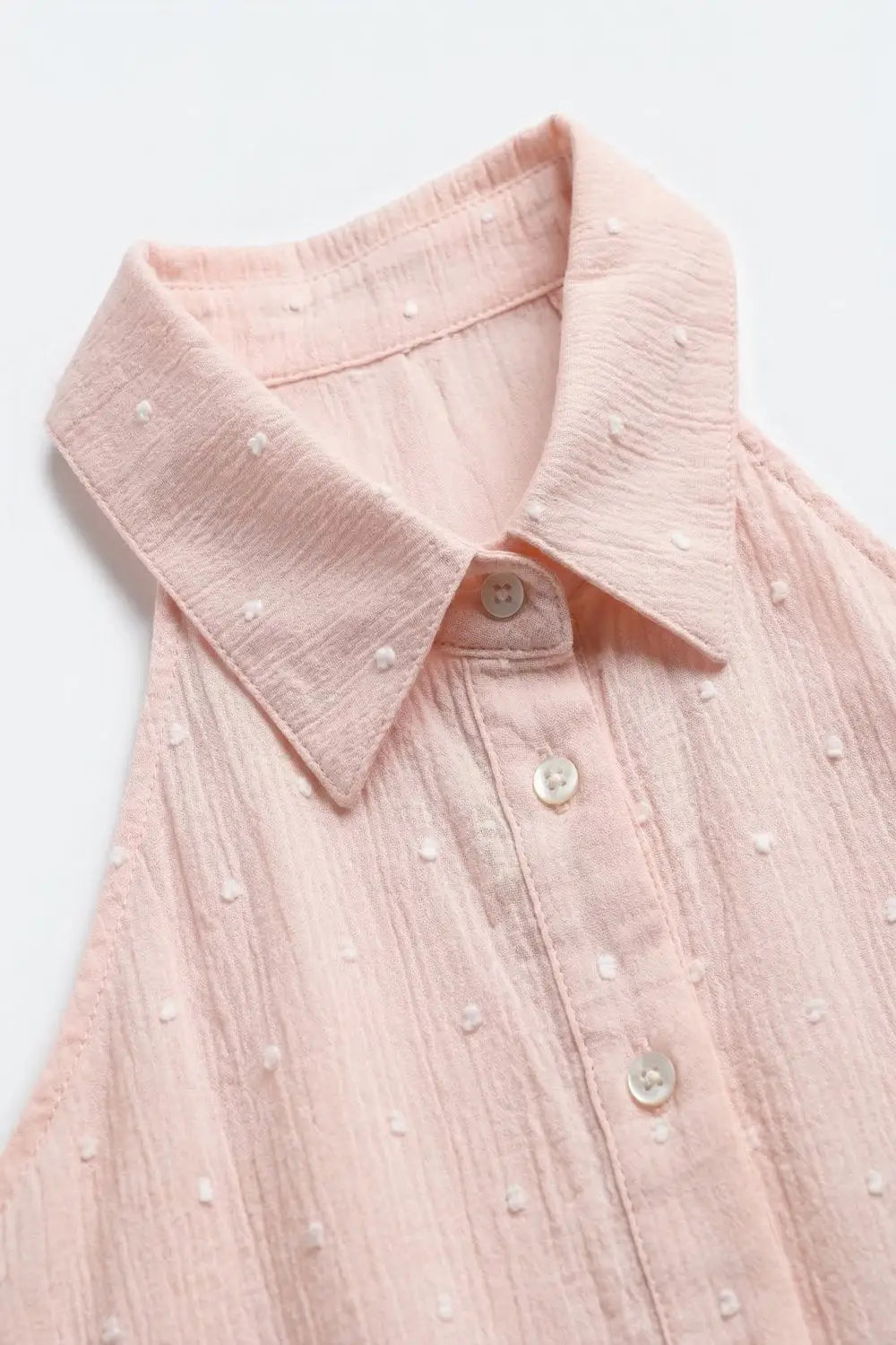 Pink Swiss Dot Sheer Sleeveless Blouse with Collar - Tops