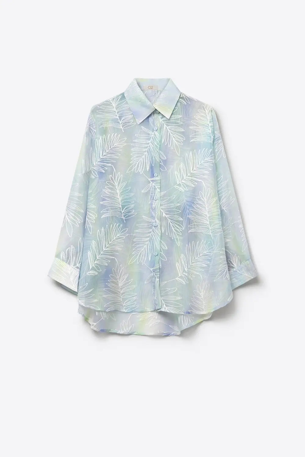 Light Blue Sheer Leaf Print Button-Up Shirt with translucent fabric - Shirts