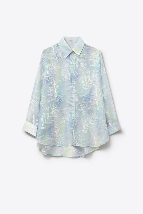 Light Blue Sheer Leaf Print Button-Up Shirt with translucent fabric - Shirts