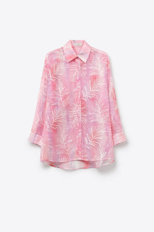Pink Sheer Leaf Print Button-Up Shirt with translucent fabric - Shirts