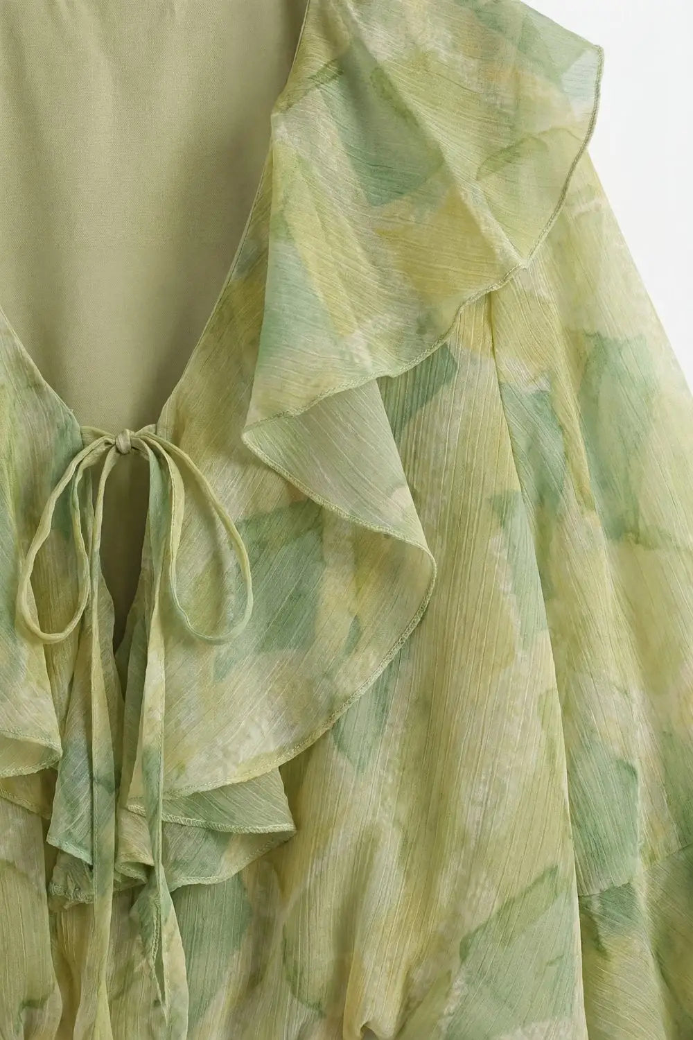 Light Green Ruffled Tie-Front Sheer Blouse - Tops
