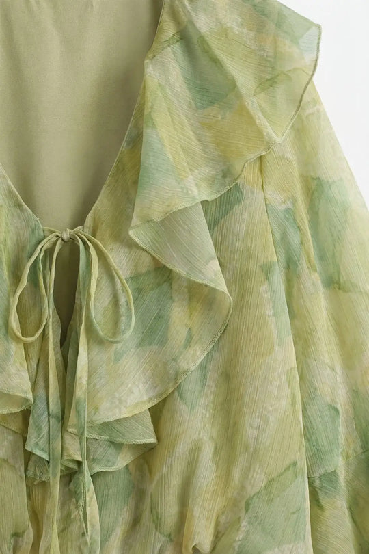 Light Green Ruffled Tie-Front Sheer Blouse - Tops