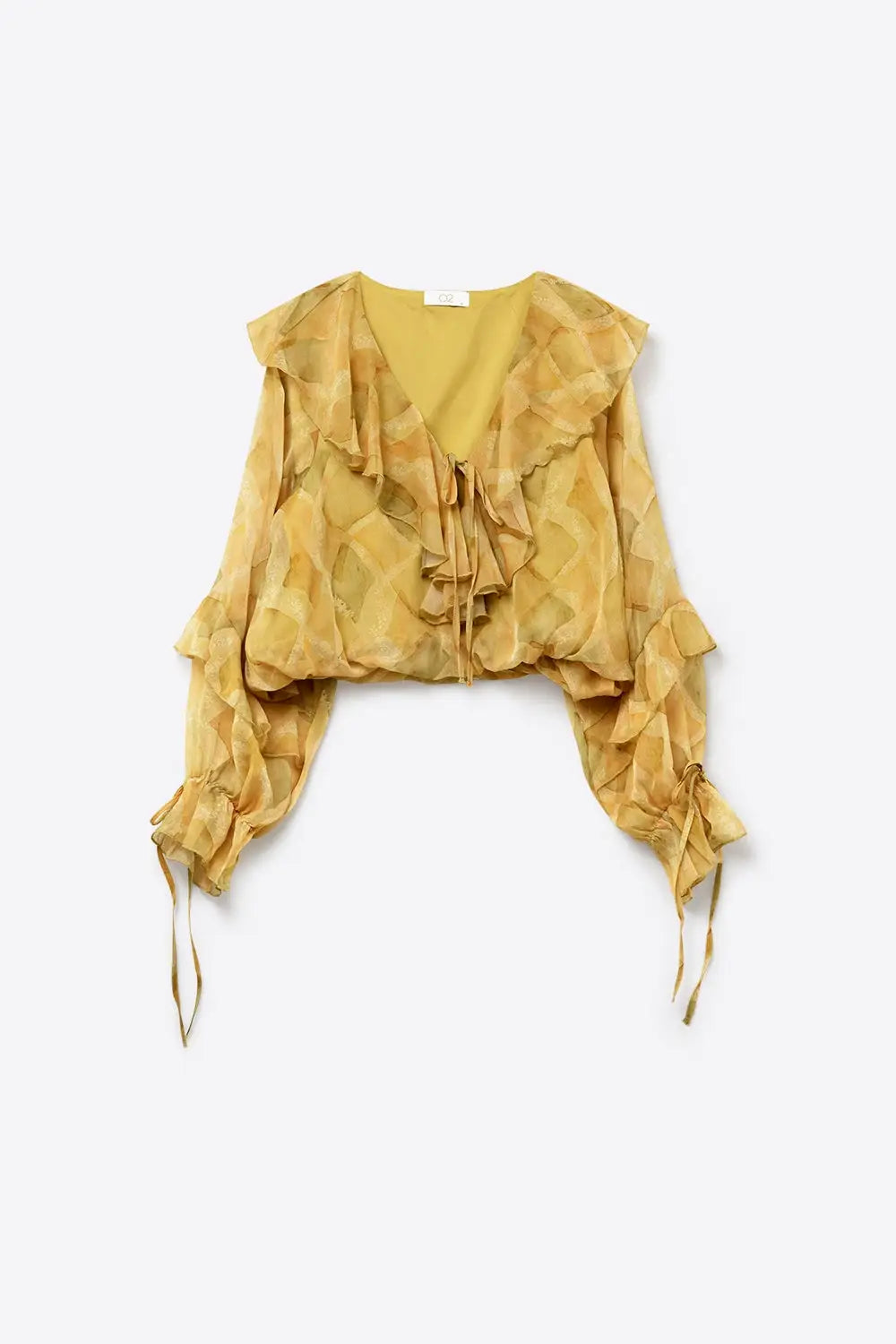 Mustard Ruffle Detail Sheer Blouse with Tie Front - Tops