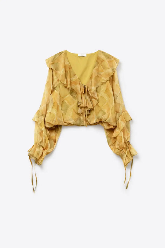 Mustard Ruffle Detail Sheer Blouse with Tie Front - Tops