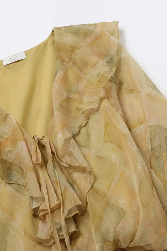 Mustard Ruffle Detail Sheer Blouse with Tie Front - Tops