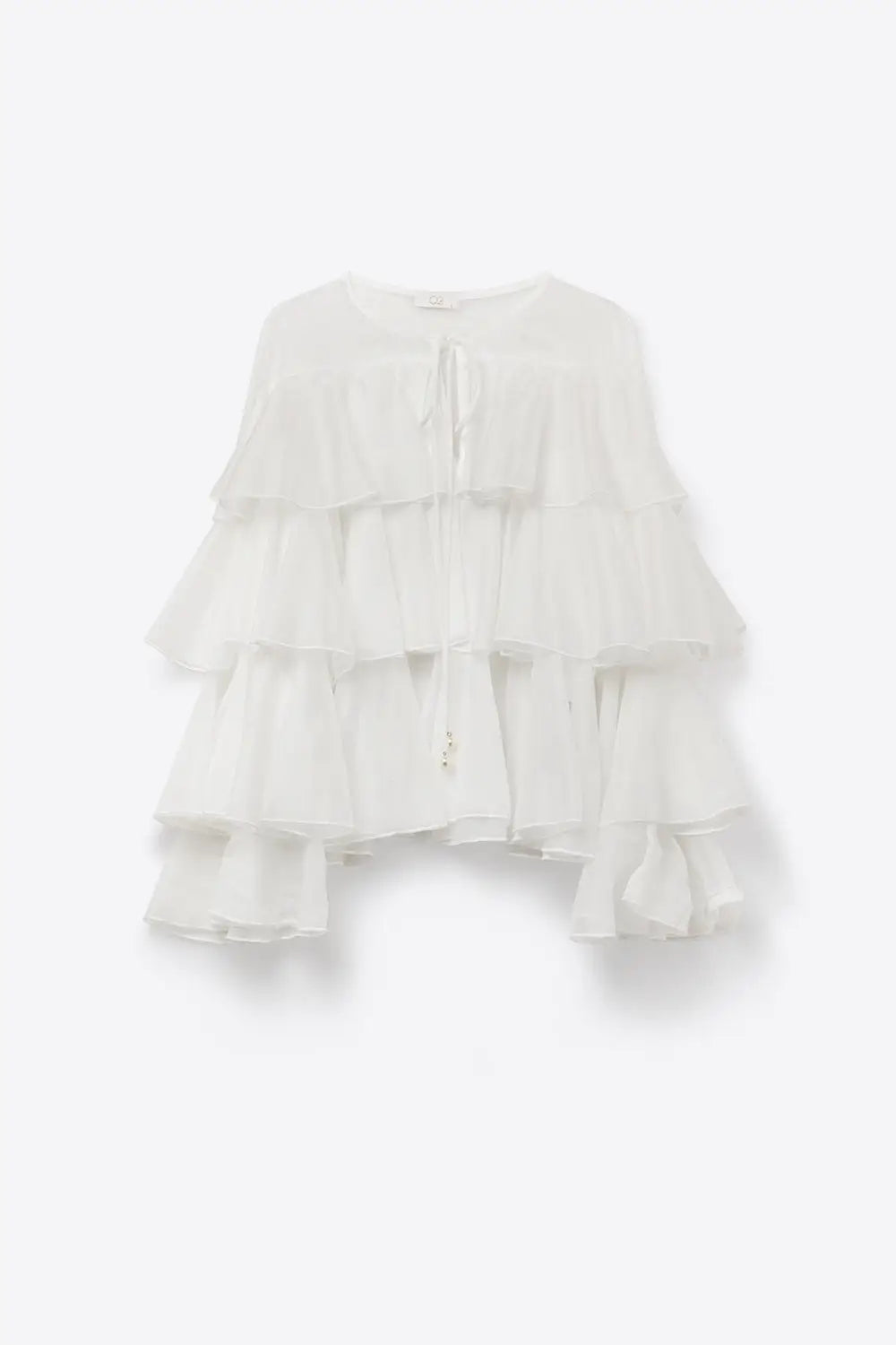 White Tiered Ruffle Peplum Blouse with Tie Neck - Shirts