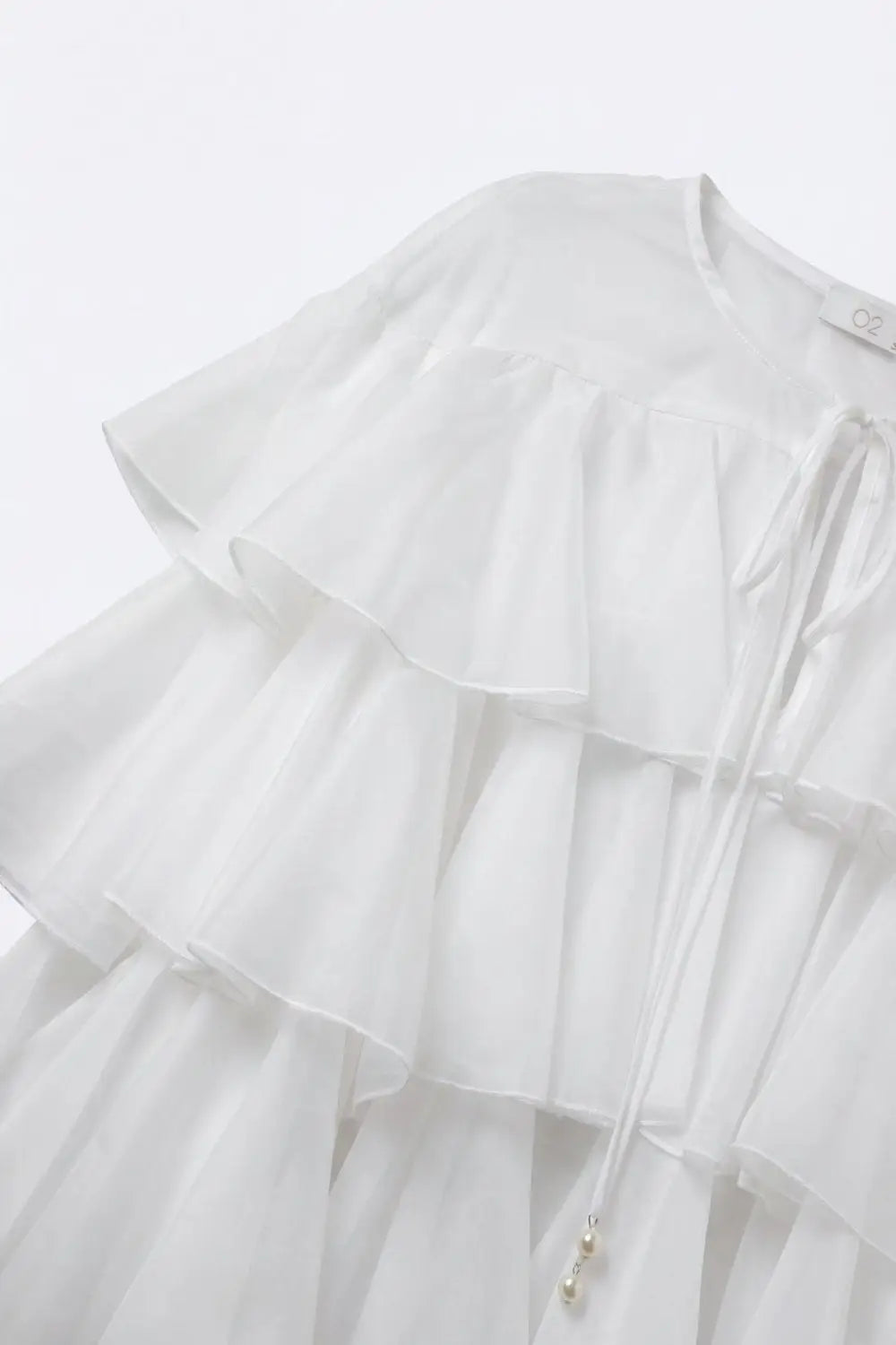 White Tiered Ruffle Peplum Blouse with Tie Neck - Shirts