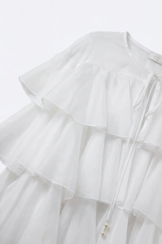 White Tiered Ruffle Peplum Blouse with Tie Neck - Shirts