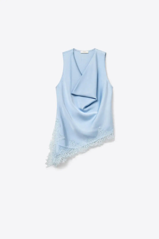 Baby Blue Satin Draped Asymmetric Hem Top - Tops