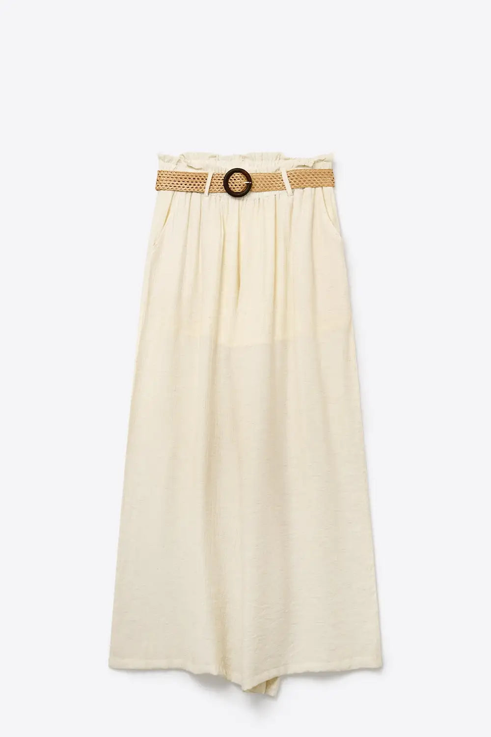 Cream lightweight Wide-Leg Pants with Woven Belt Detail - Pants