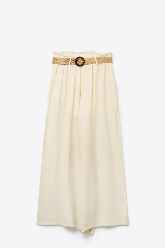 Cream lightweight Wide-Leg Pants with Woven Belt Detail - Pants