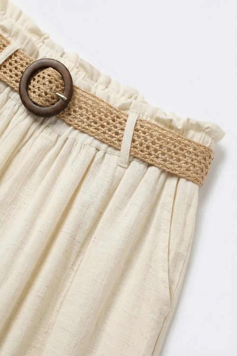 Cream lightweight Wide-Leg Pants with Woven Belt Detail - Pants