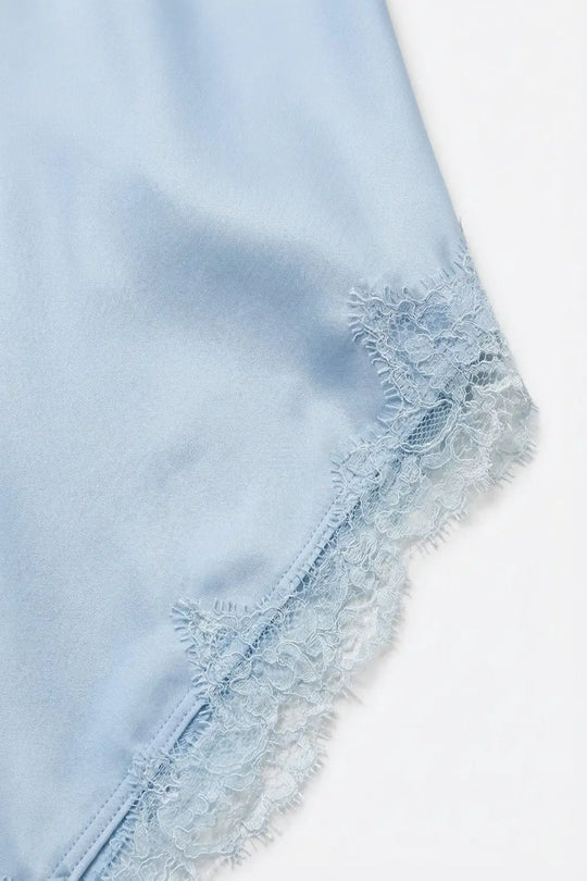 baby Blue Satin Asymmetric Lace Trim Skirt - Skirts