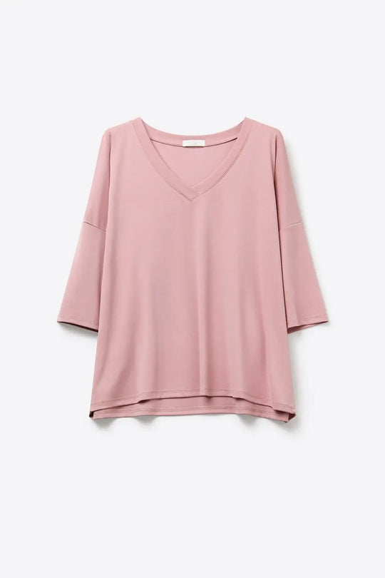 Dusty Rose V-Neck Relaxed Fit Top with 3/4 Sleeves - PINK / ONE - T-Shirts
