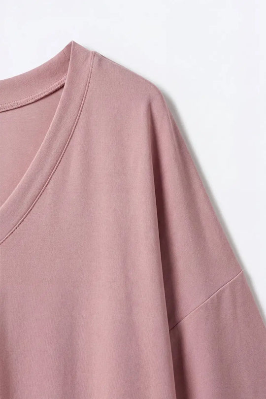 Dusty Rose V-Neck Relaxed Fit Top with 3/4 Sleeves - PINK / ONE - T-Shirts