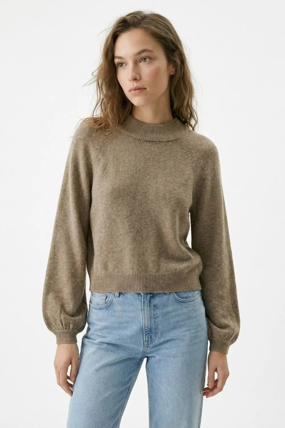 Beige Chunky Knit Sweater with Balloon Sleeves - BEIGE / ONE - Sweaters