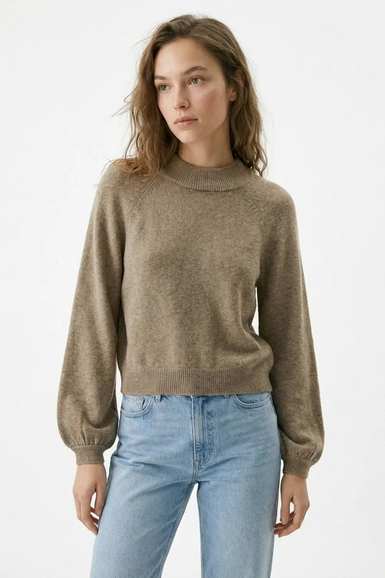 Beige Chunky Knit Sweater with Balloon Sleeves - BEIGE / ONE - Sweaters