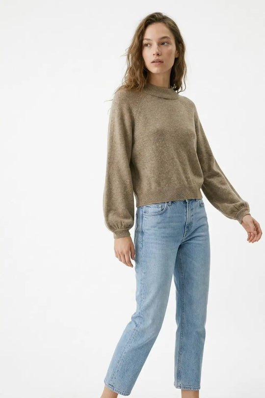 Beige Chunky Knit Sweater with Balloon Sleeves - BEIGE / ONE - Sweaters
