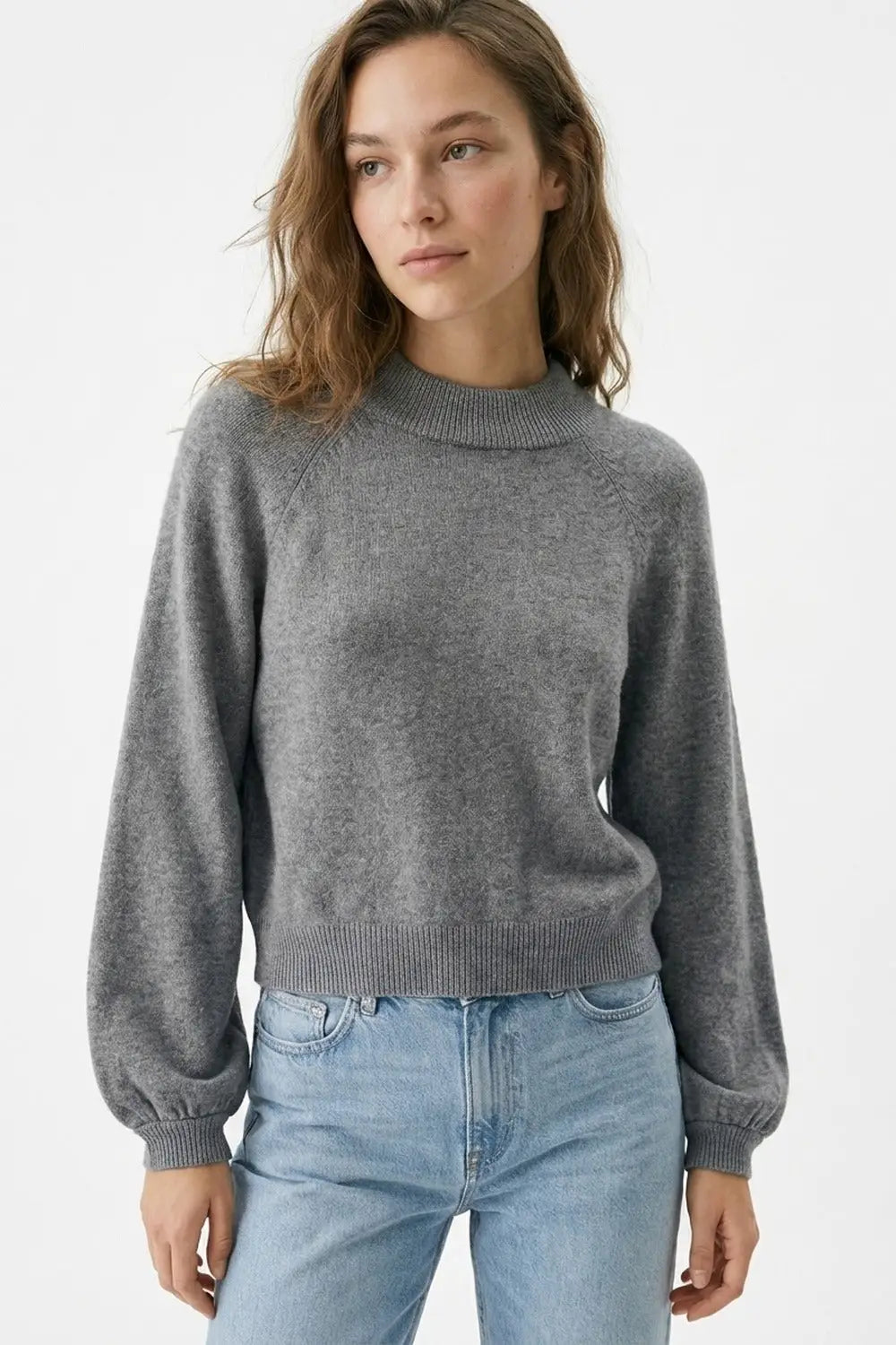 Grey Ribbed Knit Sweater with Balloon Sleeves - GRAY / ONE - Sweaters