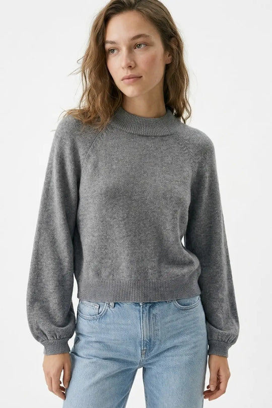 Grey Ribbed Knit Sweater with Balloon Sleeves - GRAY / ONE - Sweaters