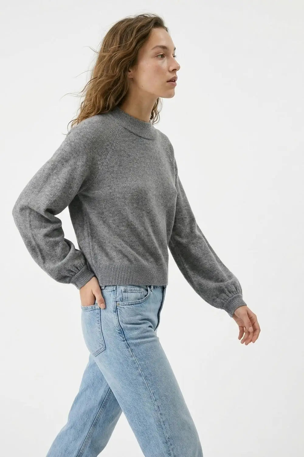 Grey Ribbed Knit Sweater with Balloon Sleeves - GRAY / ONE - Sweaters