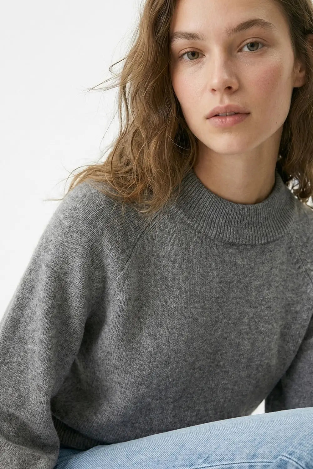 Grey Ribbed Knit Sweater with Balloon Sleeves - GRAY / ONE - Sweaters