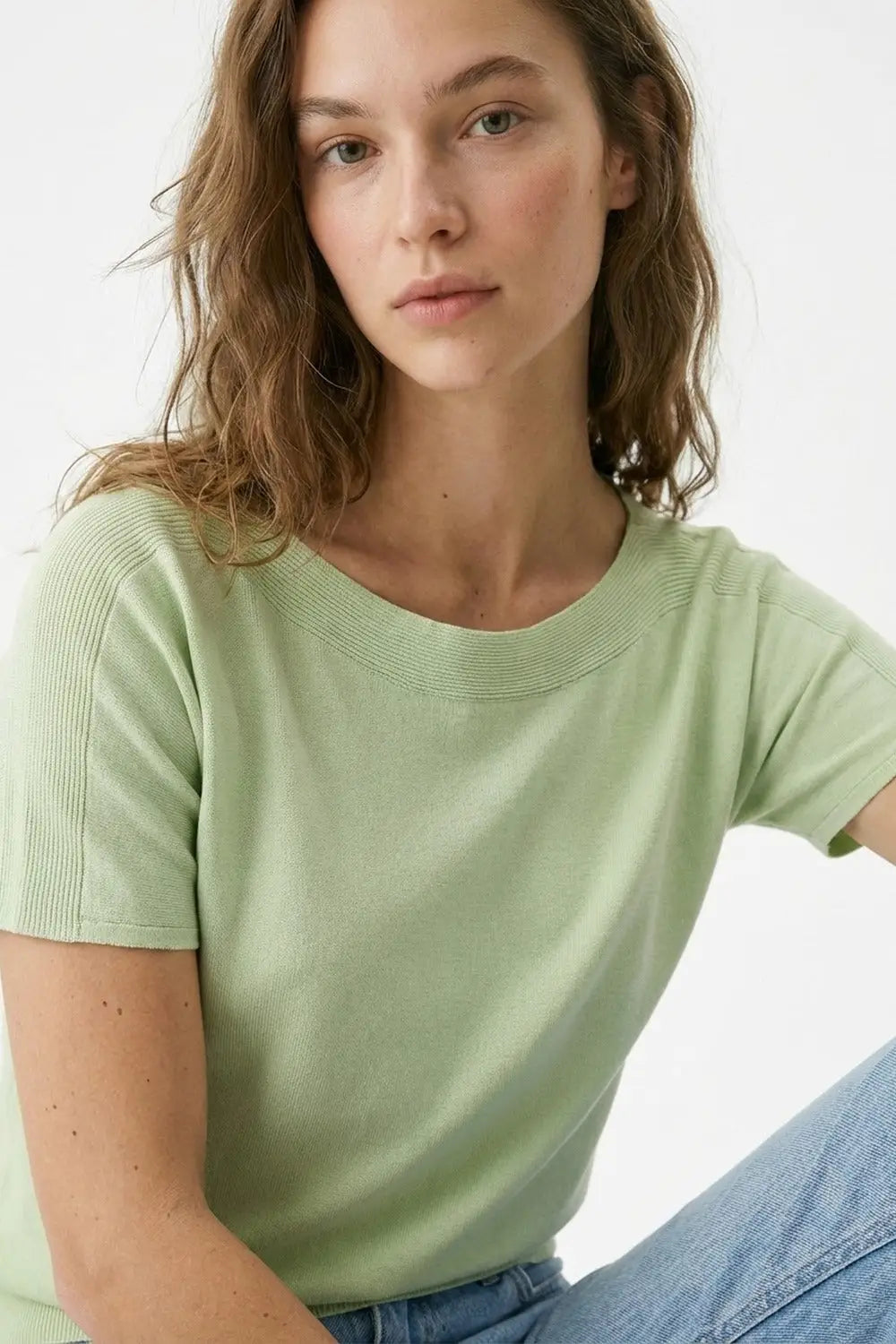 Light Green Soft Knit Relaxed Fit Short Sleeve Top - GREEN / ONE - Sweaters