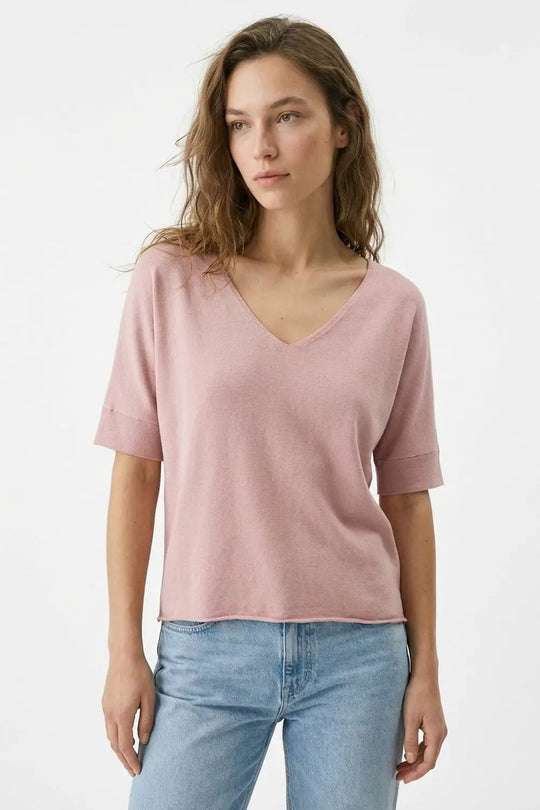 Dusty Pink V-Neck Relaxed Fit Knit Top - PINK / ONE - Sweaters