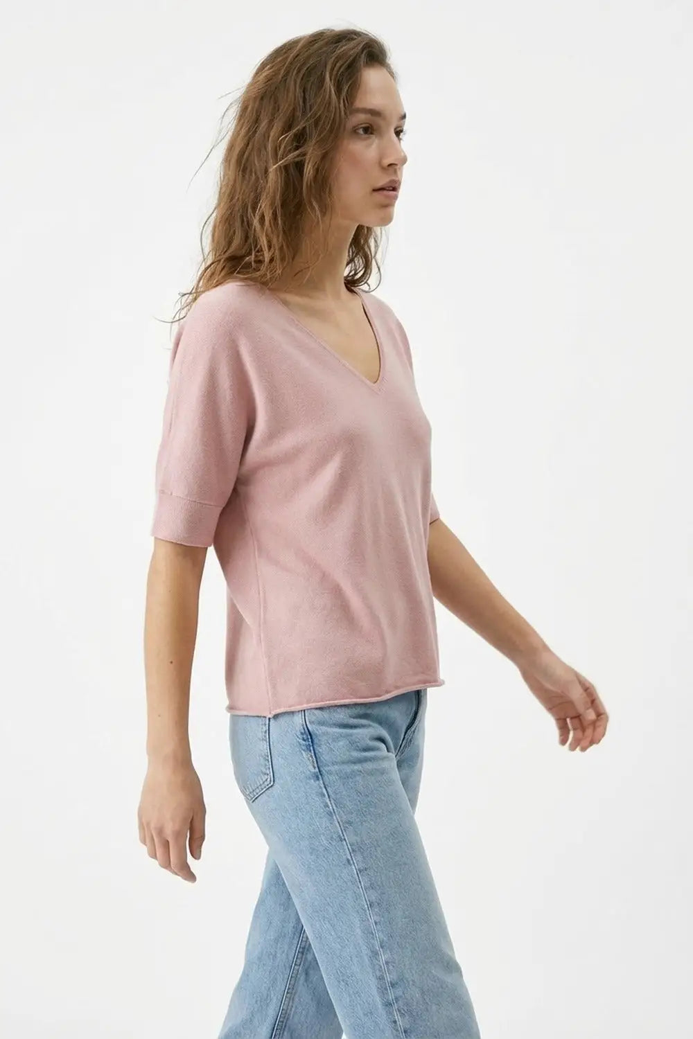 Dusty Pink V-Neck Relaxed Fit Knit Top - PINK / ONE - Sweaters