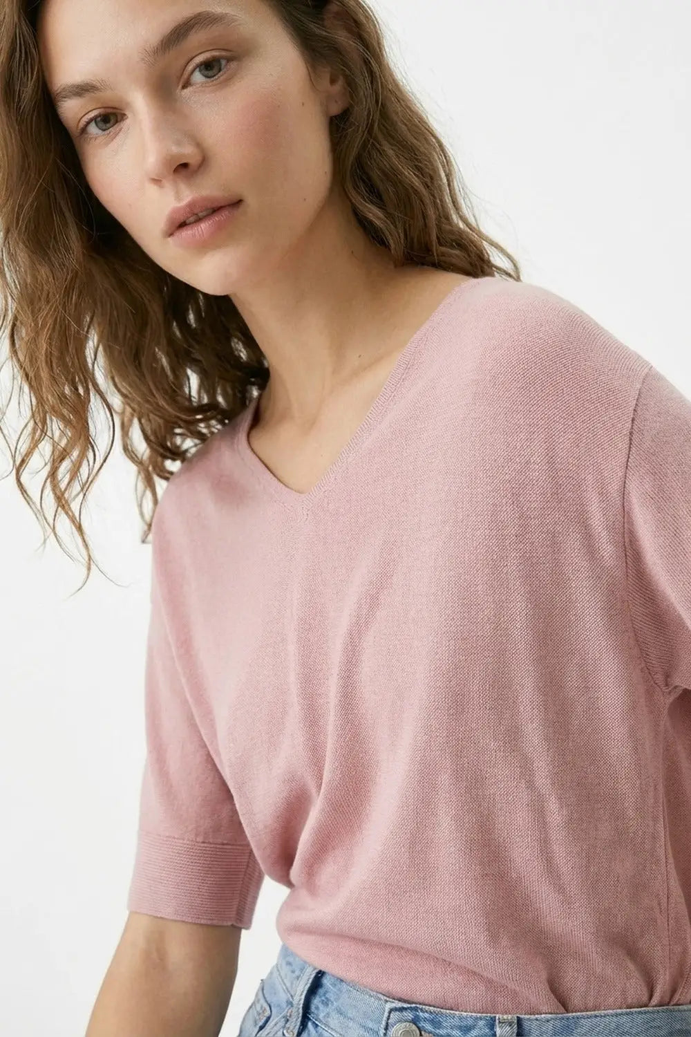 Dusty Pink V-Neck Relaxed Fit Knit Top - PINK / ONE - Sweaters