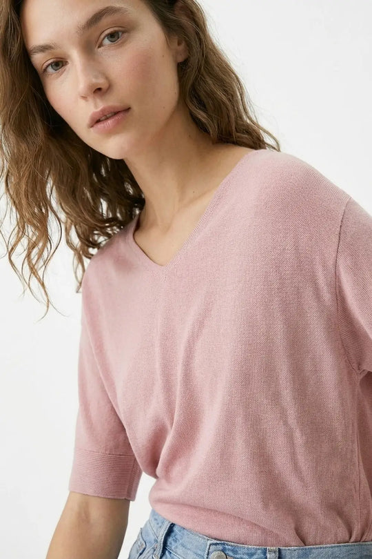Dusty Pink V-Neck Relaxed Fit Knit Top - PINK / ONE - Sweaters