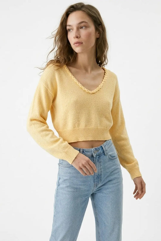 Yellow V-Neck Long Sleeve Crop Top - YELLOW / ONE - Sweaters