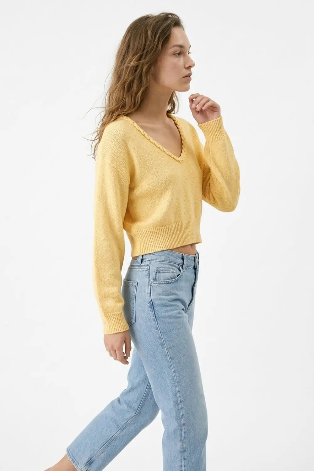 Yellow V-Neck Long Sleeve Crop Top - YELLOW / ONE - Sweaters