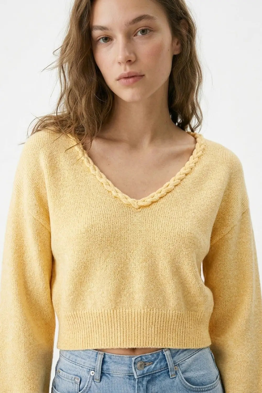 Yellow V-Neck Long Sleeve Crop Top - YELLOW / ONE - Sweaters