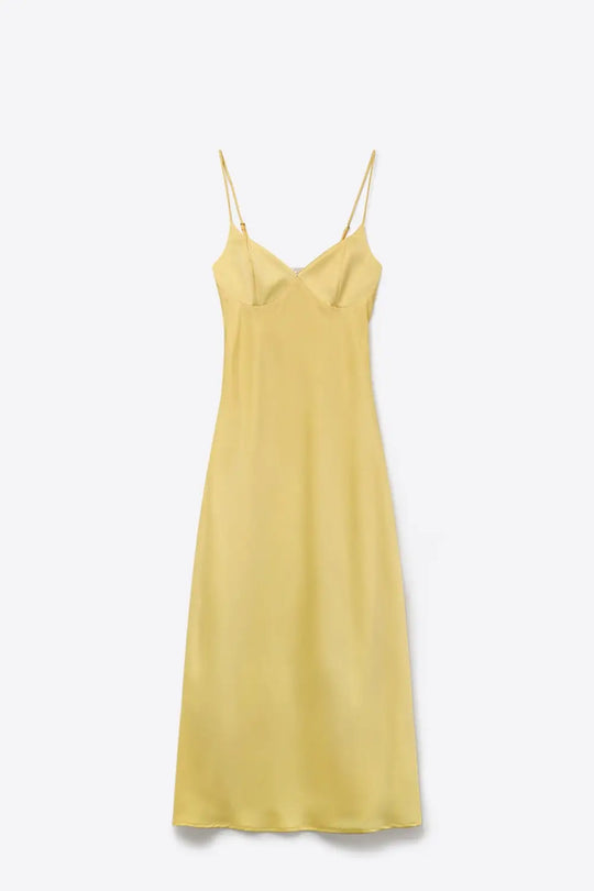 Yellow Satin Slip maxi Dress with Adjustable Straps - Dresses