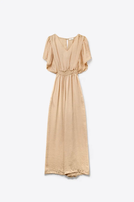 Beige Satin V-Neck Waist-Defined jumpsuit - Jumpsuits