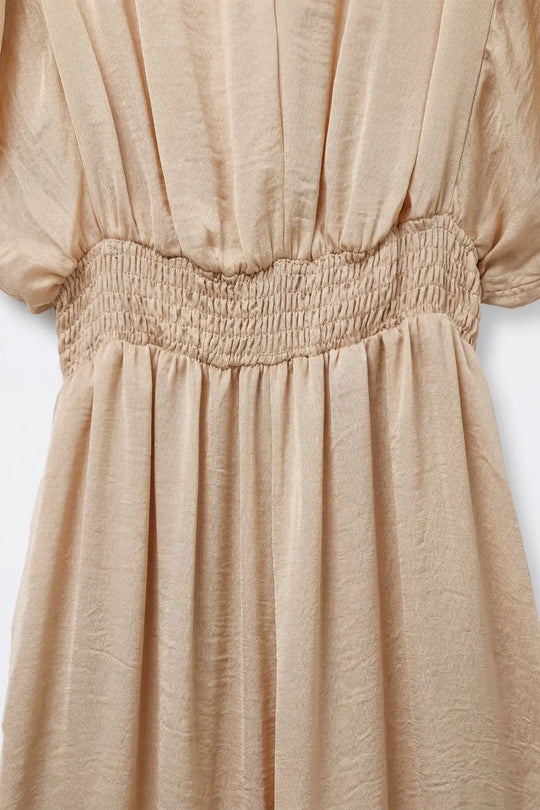 Beige Satin V-Neck Waist-Defined jumpsuit - Jumpsuits
