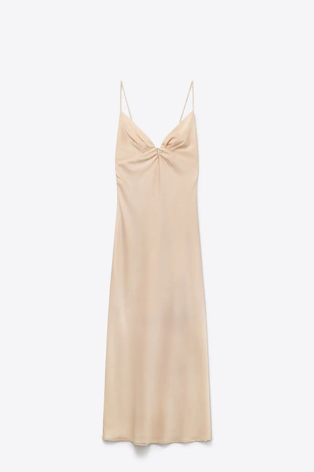 Beige Satin Slip maxi Dress with Delicate Spaghetti Straps - Dresses