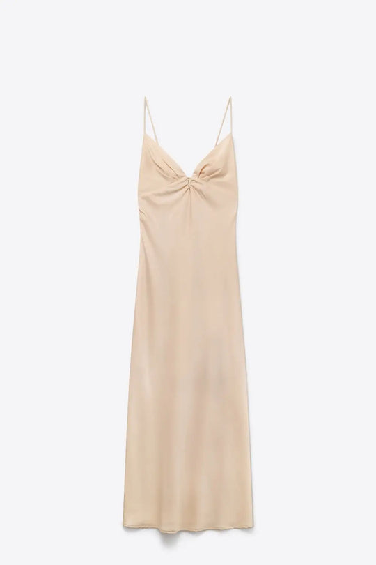 Beige Satin Slip maxi Dress with Delicate Spaghetti Straps - Dresses