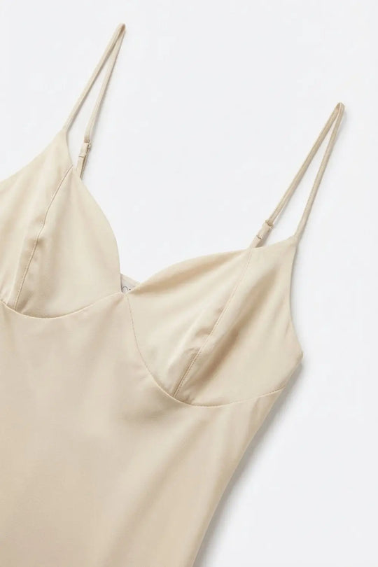 Cream Slip Dress with Adjustable Straps and V-Neckline - Dresses