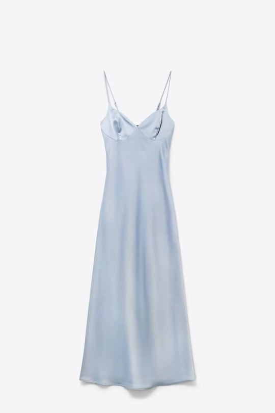 Light Blue Satin Slip maxi Dress with Spaghetti Straps - Dresses