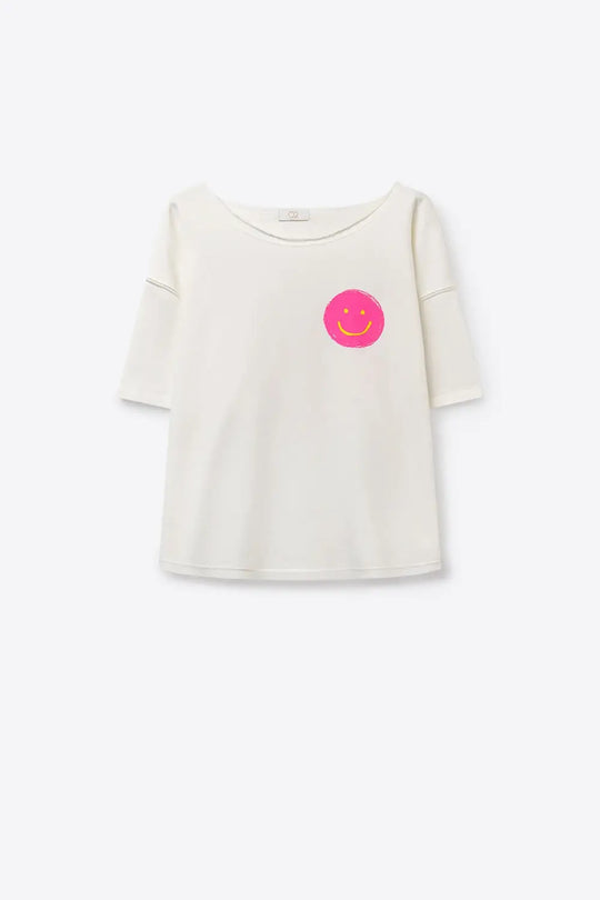 White Smiley Face Casual Short Sleeve sweatshirt - CREAM / ONE - T-Shirts
