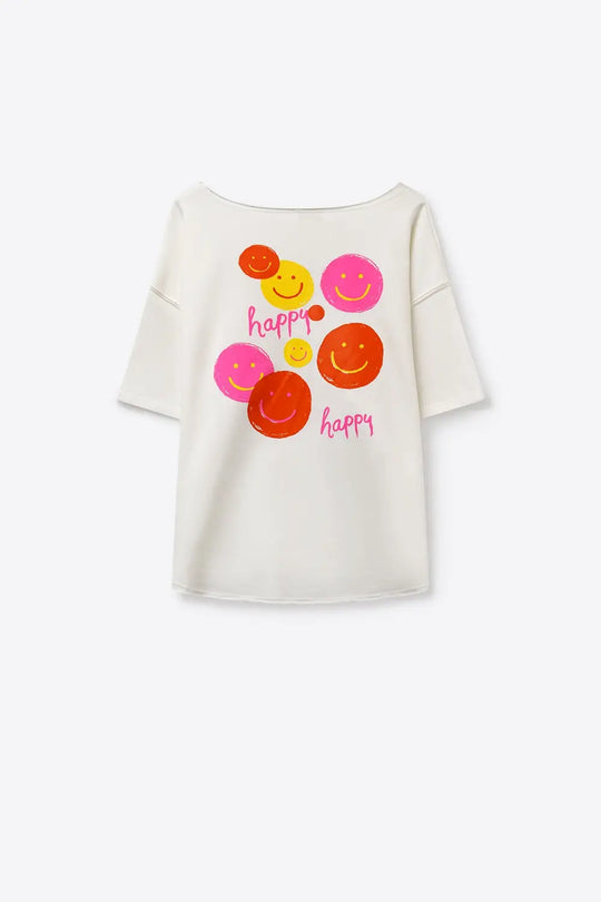 White Smiley Face Casual Short Sleeve sweatshirt - CREAM / ONE - T-Shirts