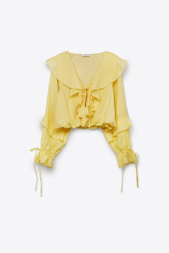 Yellow Ruffled Tie-Front Long Sleeve Blouse - Tops