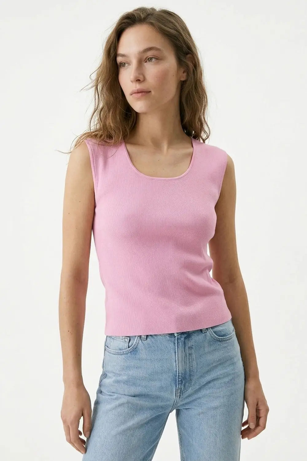 Pink Ribbed Knit Scoop Neck Tank Top - PINK / ONE - Sweaters