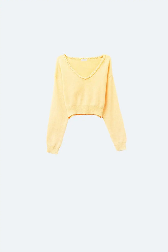 Yellow V-Neck Long Sleeve Crop Top - YELLOW / ONE - Sweaters