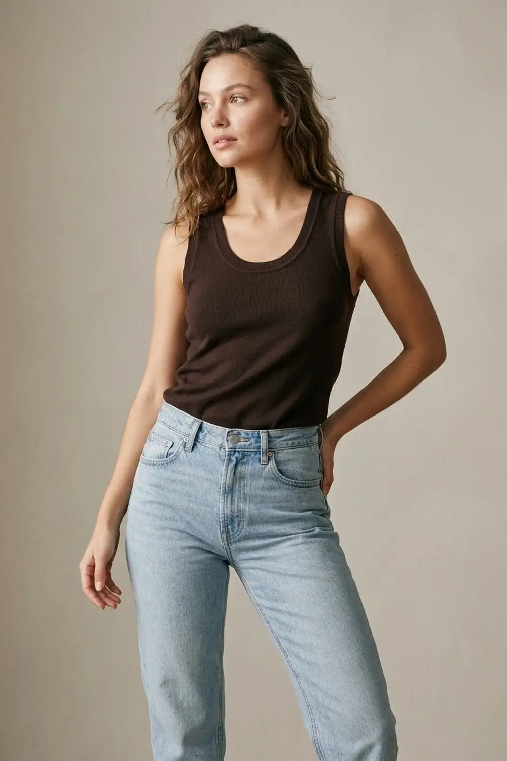Brown Ribbed Knit Tank Top for Layering - BROWN / ONE - Tops