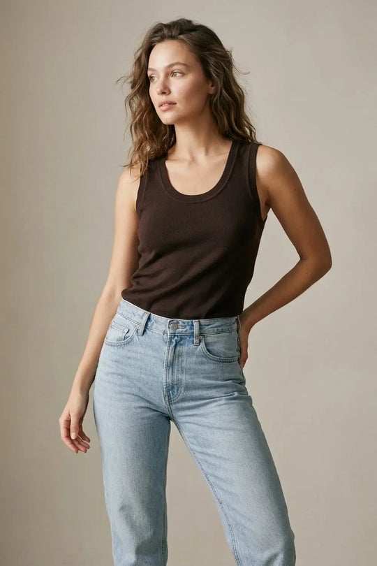 Brown Ribbed Knit Tank Top for Layering - BROWN / ONE - Tops